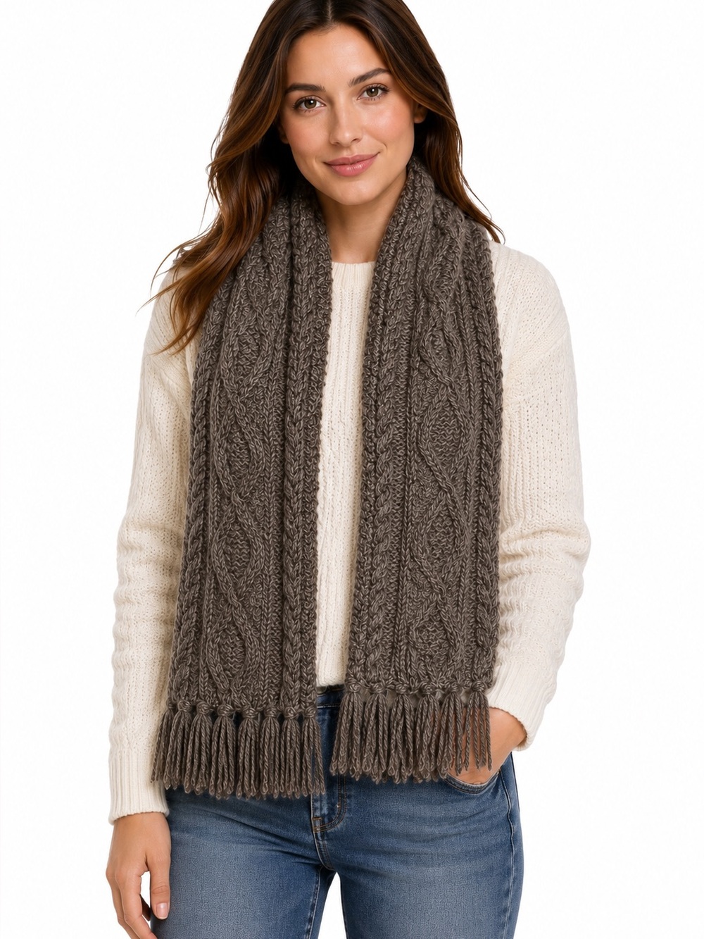 Magee Ireland 100% Wool Aran Cable Knit Fringe Scarf Gray 59” Made in Ireland